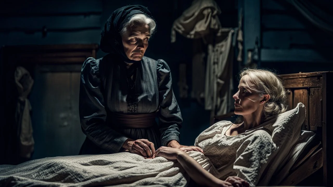 cinematic photograph set in a dimly lit, old-fashioned little village room. An elderly midwife dressed in a vintage black dress and black European headscarves stands beside an old wooden bed, her gaze focused on a young blonde woman lying down. The young woman wears a linen dress, her face hidden by the shadows cast by the sparse lighting and her long hair. The atmosphere is sinister, tense and dramatic, with a sense of impending danger and high detail, creating a realistic and sharp focus