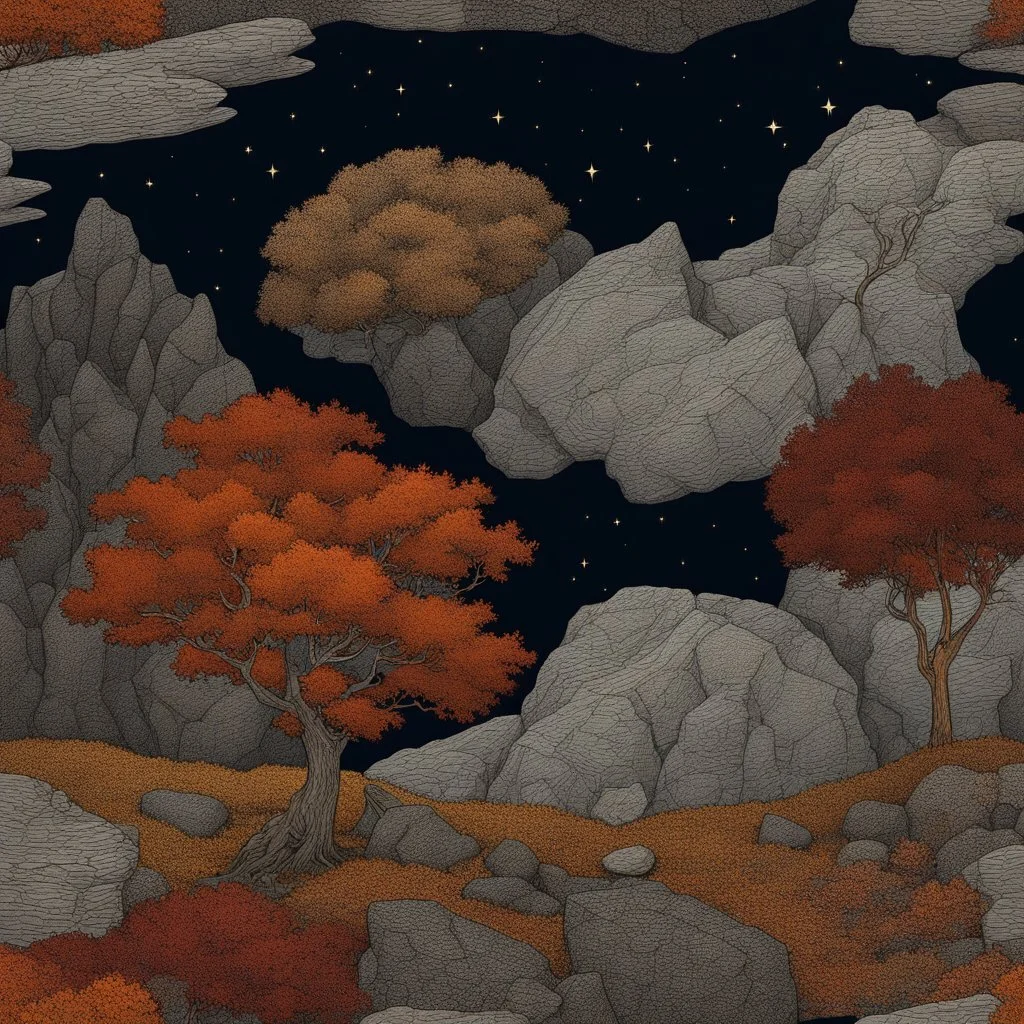 Autumn colors, peaceful, Egon Schiele, Max Ernst, Vincent Van Gogh, silver rust gradient, night sky filled with galaxies and stars, rocks, trees, flowers, one-line drawing, sharp focus, 8k, deep 3d field, intricate, ornate