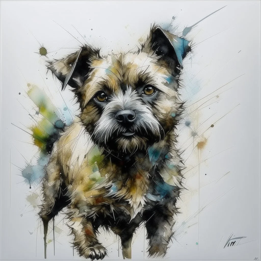 A minimalist portrait of a border terrier by Ryan Hewett , willem haenraets, watercolor, wet on wet and splattering techniques, centered, perfect composition, abstraction, surrealism