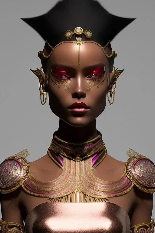 Beautiful perfect Portrait bronze skin, red to pink mohawk Emocore ElfPunk Cuban lady, bare muscular midriff BlackFuturism full body shot, full-color long shot skin-tight ornate black filigree sheer crop top armor and silver leather miniskirt with thigh-high slit positive space detailed hyperdetailed insane masterpiece picture of the day