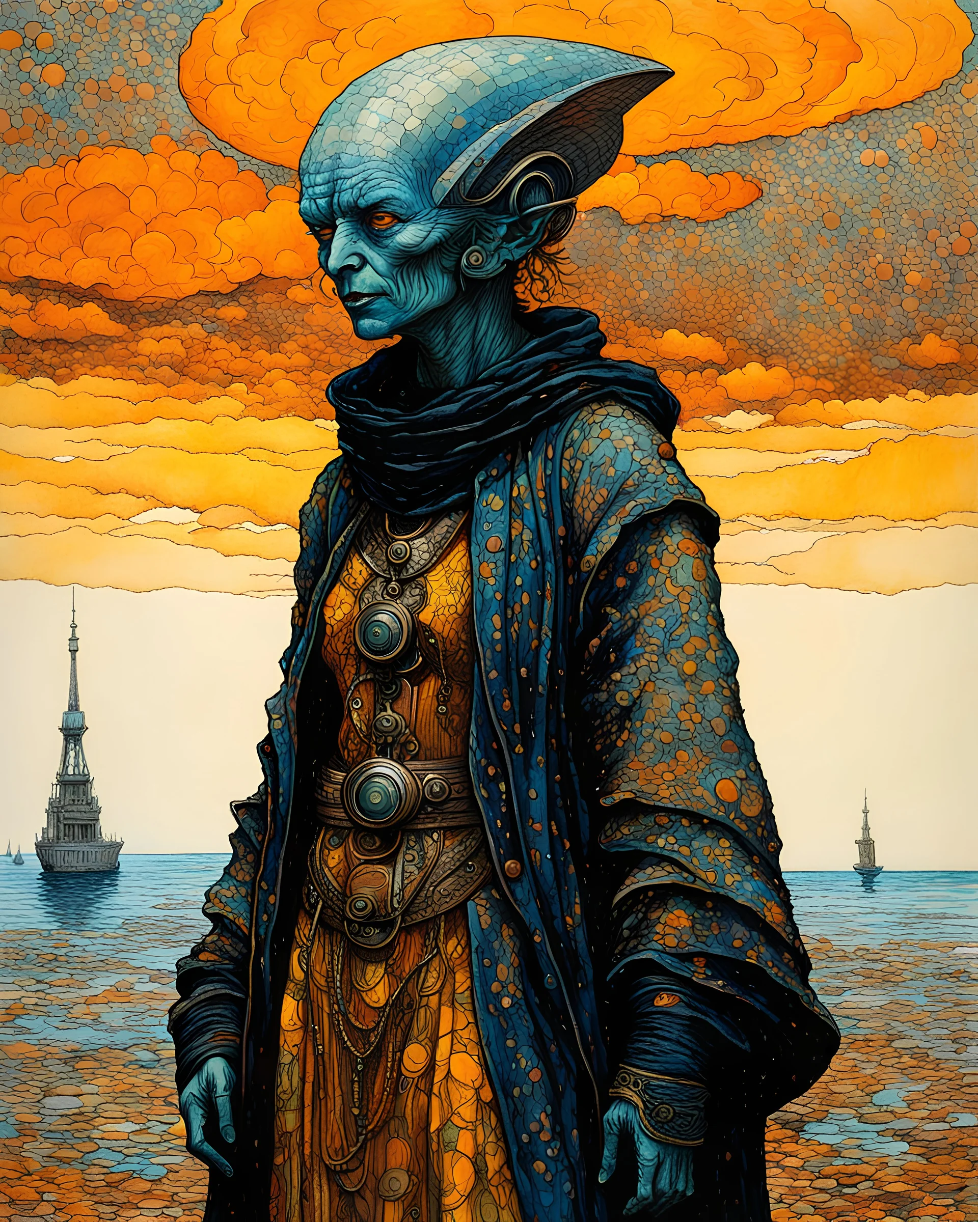 highly detailed, full body, ink oil portrait painting of an ancient, female alien traveler , in the impressionist style of Childe Hassam, mixed with art nouveau, abstract impressionism, the surrealism of Yves Tanguy, and the comic art style of Jean-Giraud Moebius, precise and sharply defined facial features, protective clothing , and skin textures, in subdued autumnal colors