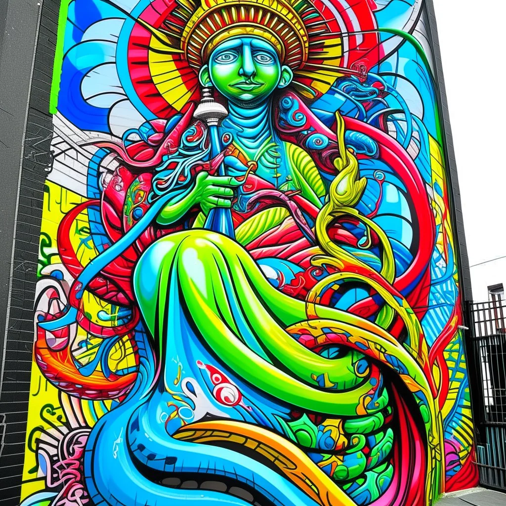 bright colorful graffiti CORRUPTED JUSTICE, nihilistic, eschatological corrupted sinister statue of liberty gaping maw biomechanical tentacles, by Os Gemeos and by Phlegm