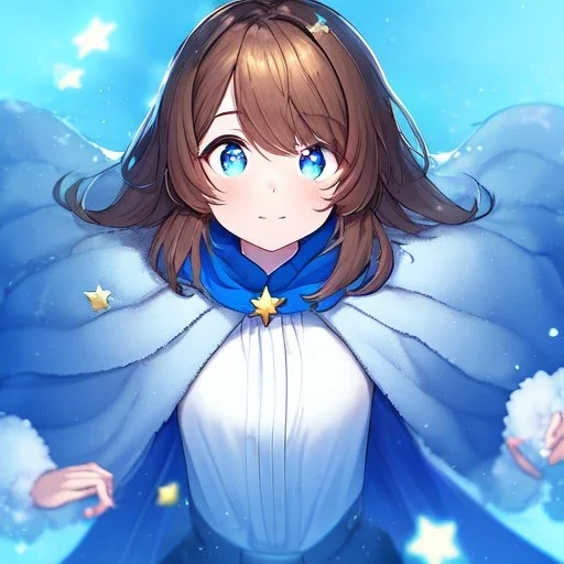 Clear focus, High resolution, A anime kid, cute, rough line skecth, star around kid, sparkling eyes, medium fluffy brown hair, blue sparkling eyes, 1girl (solo), wearing a blue snow cloak and a white shirt