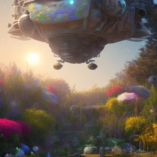 pixar style, volumetric summer garden environment and background, realistic painting of debris spaceship, looking excited, volumetric lighting, dramatic lighting, detailed digital painting, extreme dense and fine fur, anime, ornate, colour-washed colors, elegant, small minutiae, tiny features, particulars, centered, smooth, sharp focus, renderman gofur render, 8k, uhd, detailed eyes, realistic shaded volumetric lighting, sunlight caustics, backlight, centered camera view