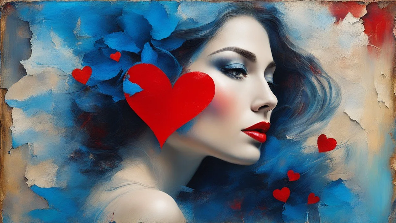 old painting, torn edges, blue, WOMAN, love, red heart, light, flower, double exposure, abstract surreal portrait, oil painting in impressionism, large strokes, airbrush effect, textured painting, antique style, vintage, semi-abstract, semi-realistic, surreal .