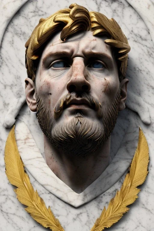 Ultra Realistic image, Roman sculpture, white marble material, Lionel Messi, gold Laurel leaves wreath, renaissance ornaments, radial gold lines, one gold star in heart, sun ornament, blue background, chisel style, waist up portrait, emperor style, epic, celestial, cinematic lighting, God light, god rays, 4k resolution, smooth details, ornate details, soft lighting, unreal engine 5, art station, substance 3d.