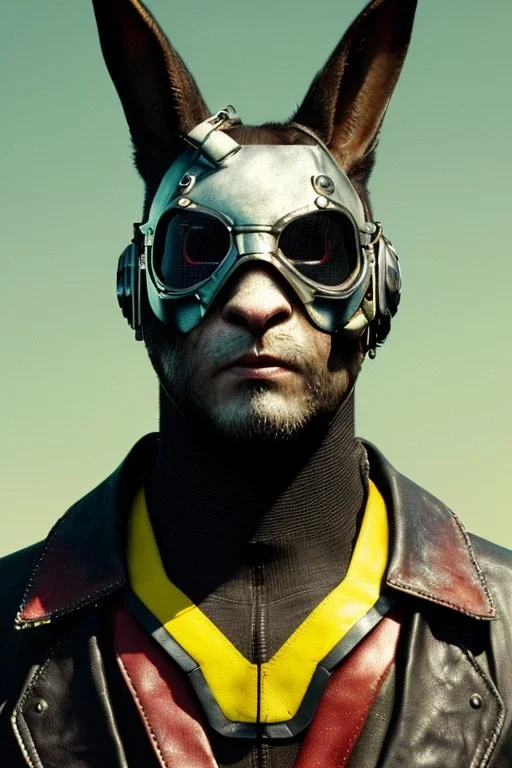 Medium Close Up Portrait, Front image. cyberpunk, rabbit mask, spanish man, white short hair. leather, titanium suit. Yellow, black, red, color. Mad max style. Color background, photo studio. Avatar image, highly detailed, concept art, smooth, unreal engine 5, god rays, ray tracing, RTX, lumen lighting, ultra detail, volumetric lighting, 3d, finely drawn, high definition, high resolution.