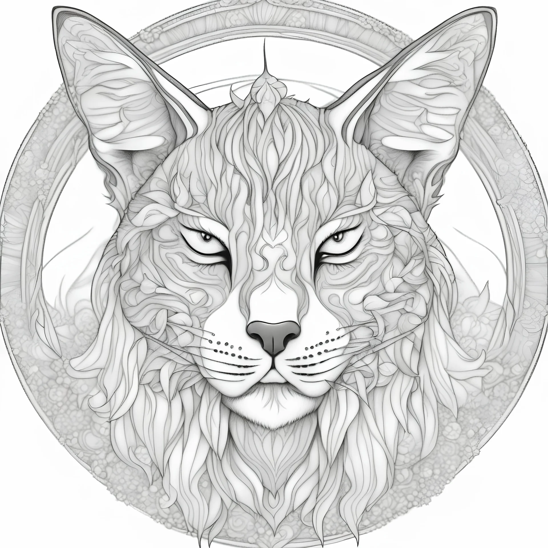 outline art, coloring pages, white Background, sketch style, only use outline, mandala stile, clean line art, white background, no shadow and clear and well, mandala LYNX