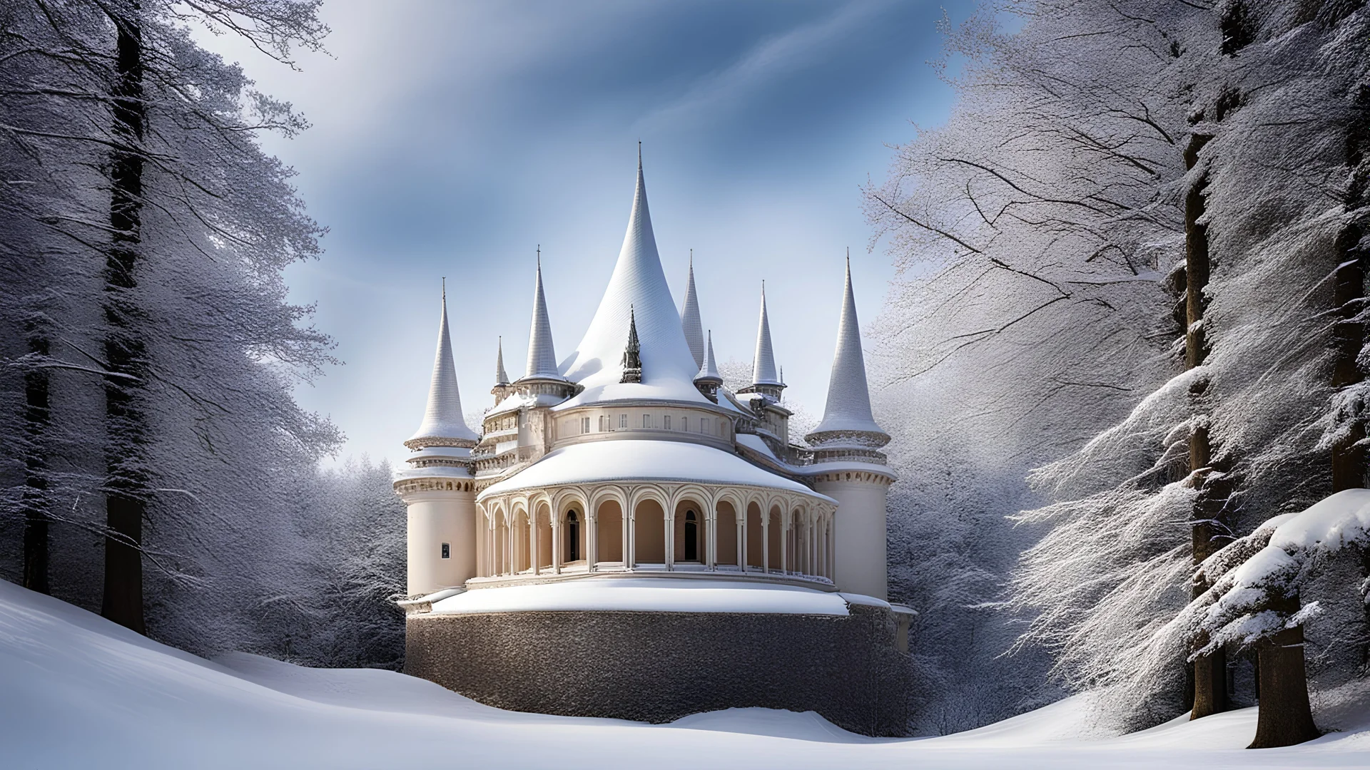 2055, rule of thirds, delightful, sensitive, confident, undulating sinusoidal castle with pointed hyperbolic roofs, forest, delicate, thick snow, symmetrical, exquisite architecture, innovative design, perfect symmetry, award-winning photograph, beautiful composition, filled with beautiful detail, delicate colour, chiaroscuro