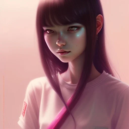 Japanese girl with big brown eyes and long black hair with bangs, cute, beautiful, high quality, insane detail, by Greg Rutkowski, straight bangs, Asian, pink shirt, foreword facing, looking at viewer, kawaii