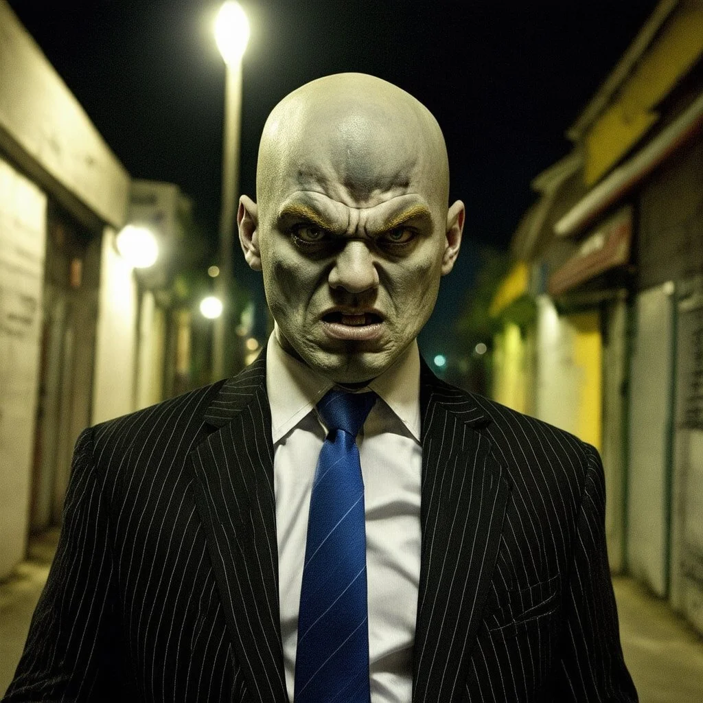 very grainy discolored 2000s photo, closeup portrait, dark night alley with no lights, grunge, extremely gaunt male with chalk-white skin wearing a striped suit with a blue tie, angry, imposing, bald, fiery look in the eyes, bruja, biker