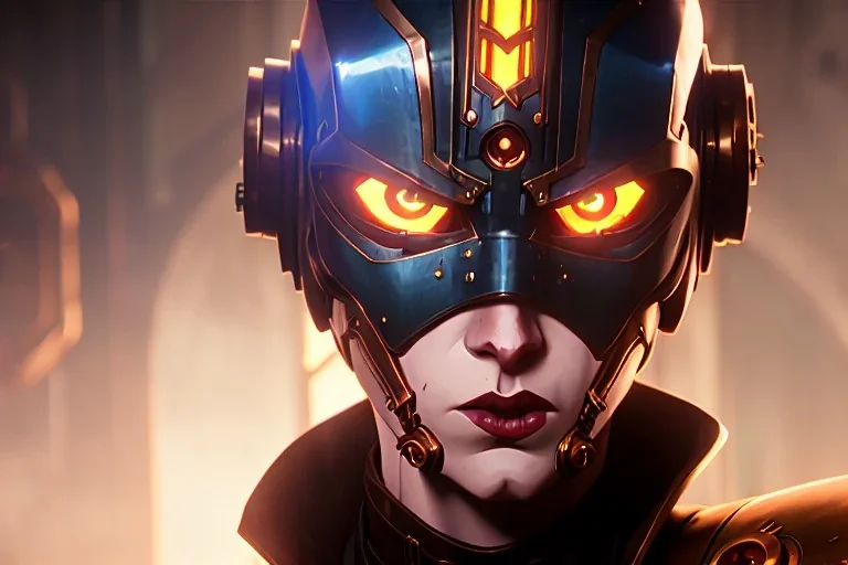 Beautiful steampunk portrait of a robot cyborg in a cyberpunk mask a steel helmet on her head glowing eyes