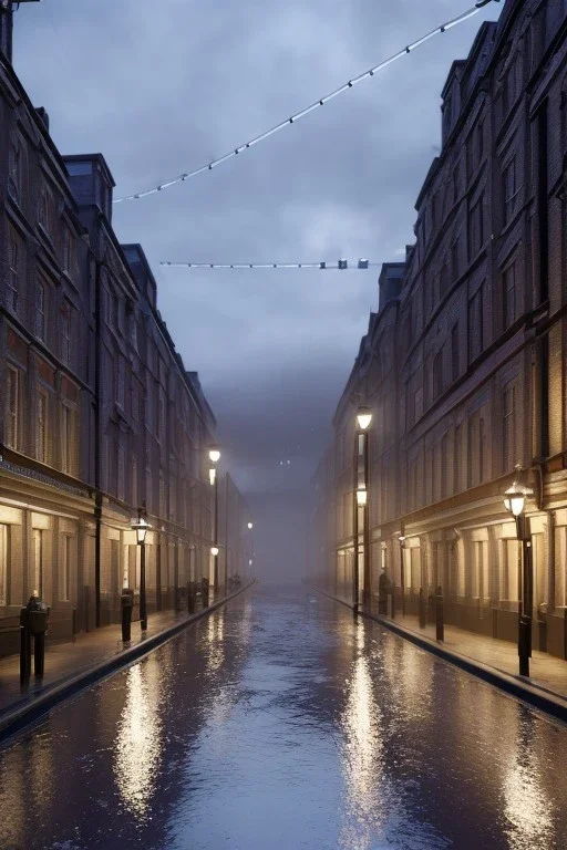 London street at night, many houses, wet ground, pole with round light