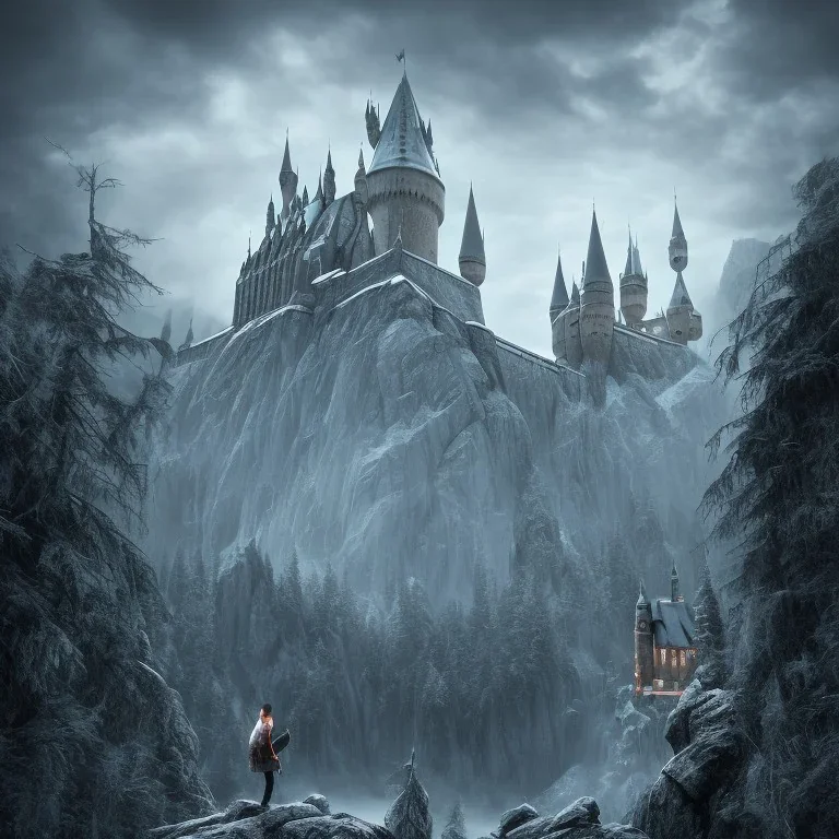 boy alone in the forest and in the background the castle of hogwarts