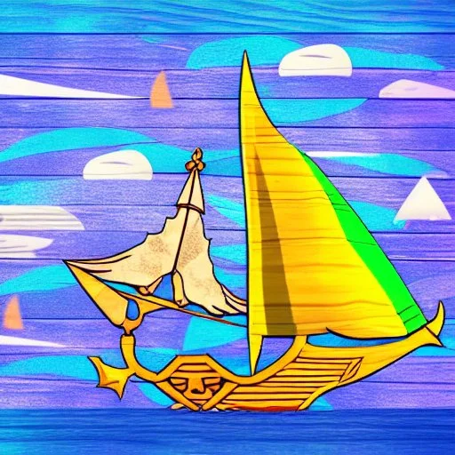 Legend Of Zelda: Wind Waker style Small wooden ship, with bright sails, on a vast ocean, stylized, celshaded, colorful, adventurous, full view.
