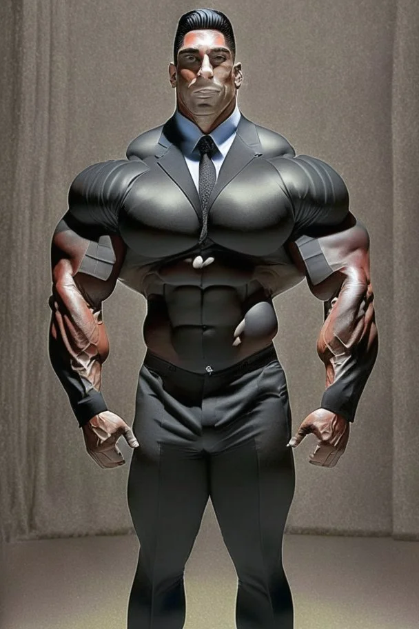 The body of bodybuilder Lee Hany is without a head, only a body, and he wears a luxurious black suit