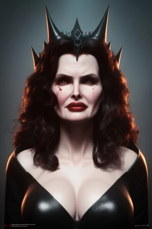 Geena Davis as evil queen in black leather, leather, busty, cleavage, angry, rage, stern look. character design by cory loftis, fenghua zhong, ryohei hase, ismail inceoglu and ruan jia. unreal engine 5, artistic lighting, highly detailed, photorealistic, fantasy