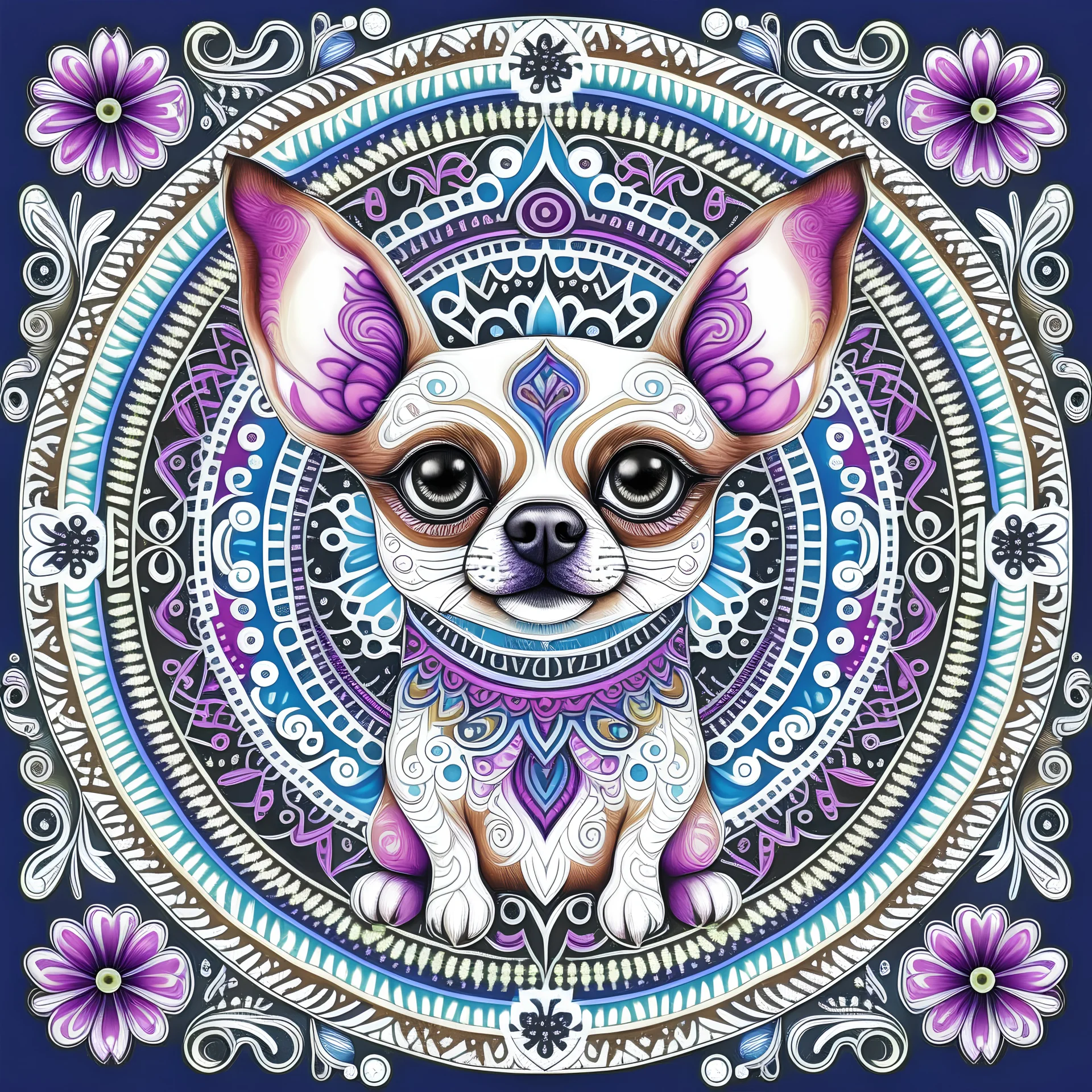 coloring pages: Whimsical Chihuahua Mandala Wonderland a whimsical Chihuahua immersed in a fantastical mandala wonderland, vibrant colors, floating mandalas, and dreamlike elements, creating an otherworldly atmosphere. The artwork, done in an illustration style reminiscent of children's storybooks, features intricate details, soft lighting, and a sense of magic. coloring page