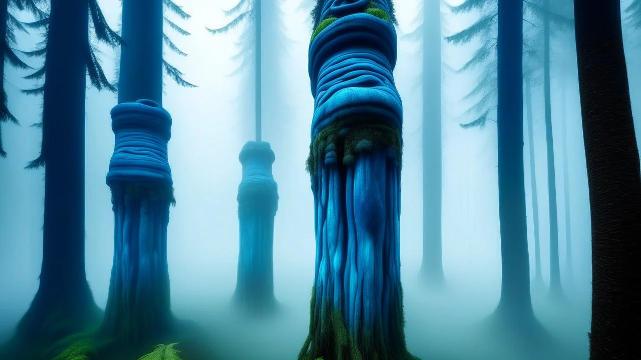 A cyan forest covered in thick fog designed in Pacific Northwest totem poles