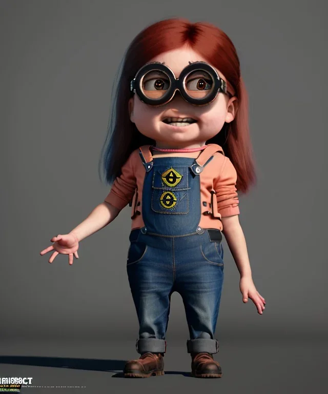 Female Minion toddler, steampunk, full body, red hair, leather jacket, dramatic lighting, hyper realistic