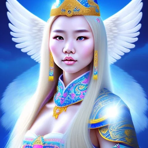 portrait of a beautiful mongolian woman with an angel face smiling,long blond hair, blue eyes, pink and blue dress, jewels, soft light aura