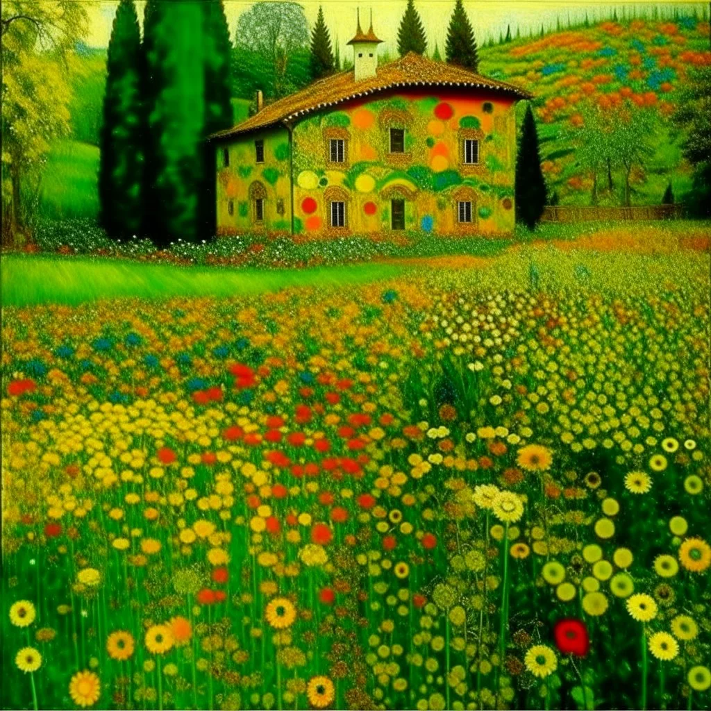 A green flower meadow near a house designed in Navajo woven art painted by Gustav Klimt