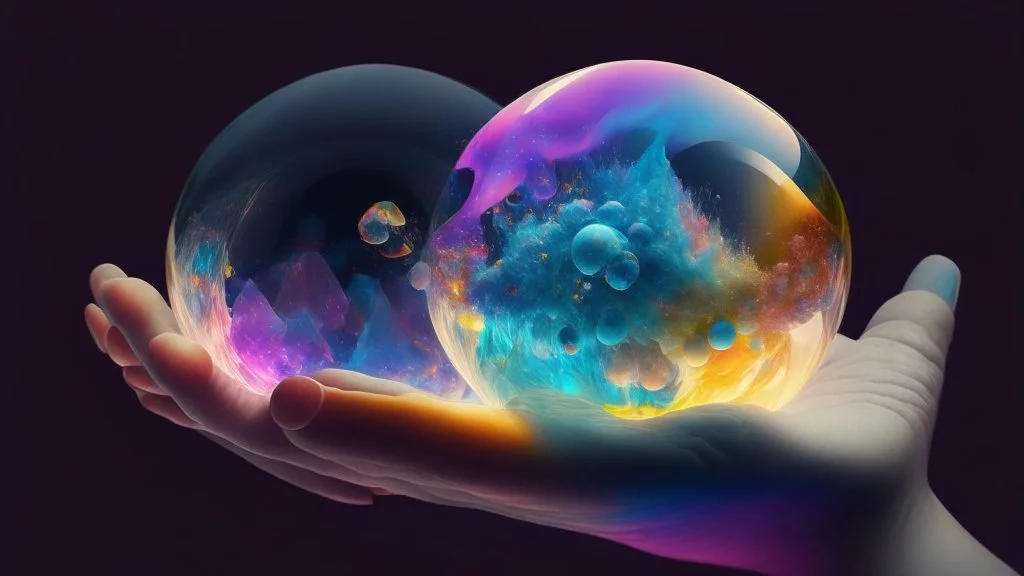 Chrystal ball to look into the future, hands around the ball, smoke appearing inside the ball, pink, dark blue, orange, yellow, aqua blue, very detailed and realistic