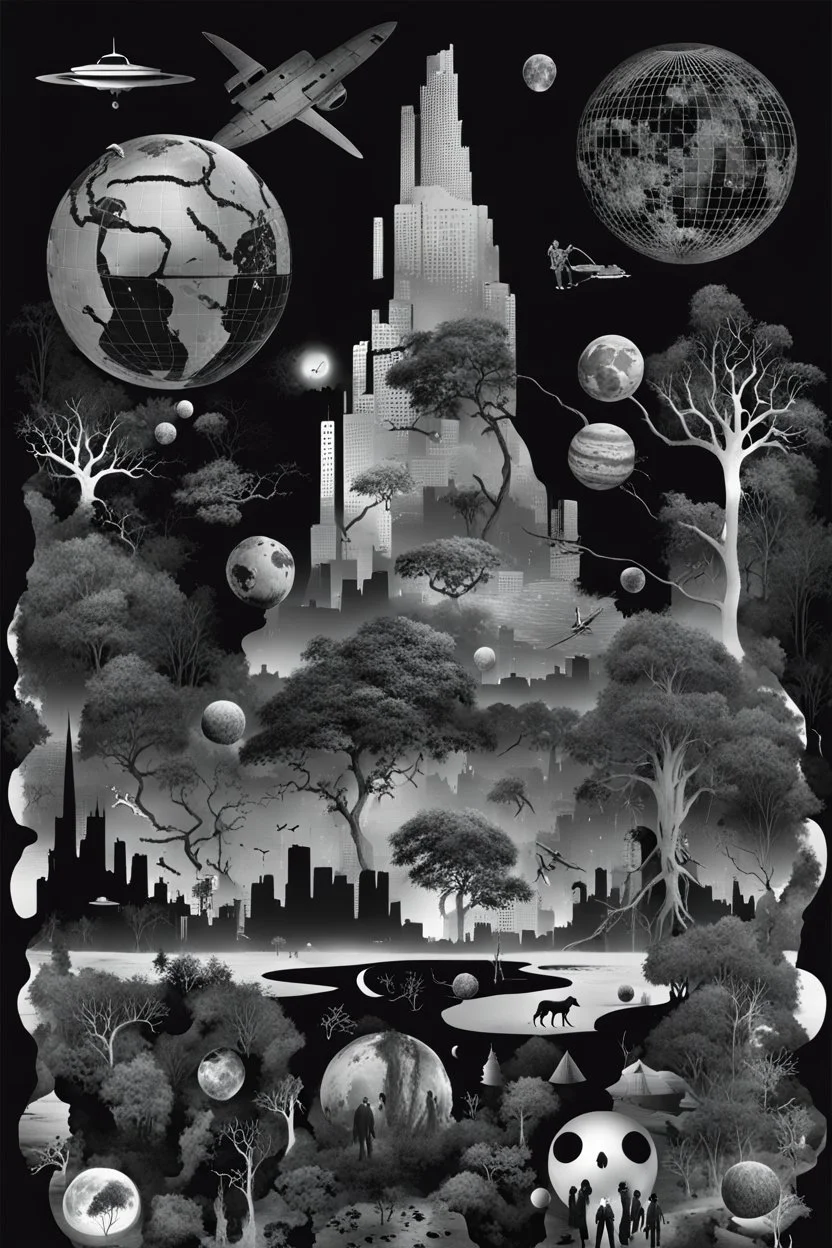 mistake in Matrix world, black and white digital collage of various images and elements, shapes, human siluette such as animals bodies, dark shadows, planets, abstract symbols, fog, plants, tree, maps, weird things, poison, ruins. The collage is composed of distorted , shapes and silver layers, creating a sense of confusion and horror. Deep, dark colors, surreal mood, The images and elements are related to the themes of surrealism, paranoia, thriller, weird illustration, nightmarem mood.