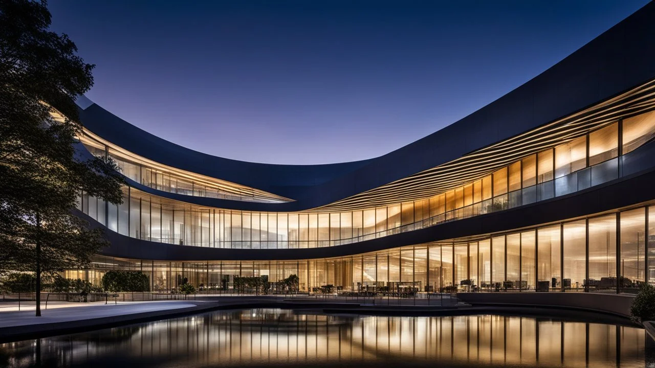 2084, delightful, sensitive, confident, undulating sinusoidal office block with pointed hyperbolic roofs, delicate, night, darkness, water features, exquisite architecture, innovative design, award-winning photograph, beautiful composition, filled with beautiful detail, delicate colour, chiaroscuro