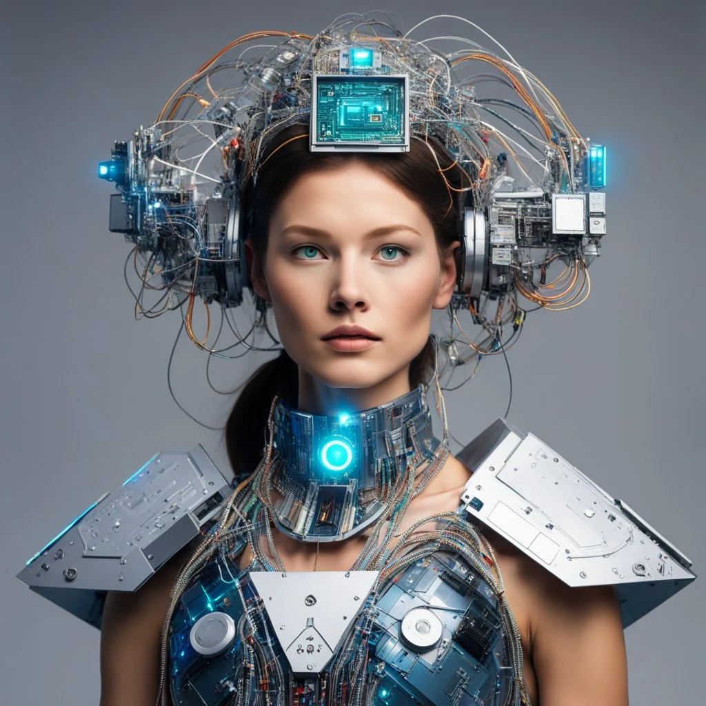 in the landfill of the future. she wears a costume made of electronic components - a futuristic and electrifying concept. Imagine a garment woven with wires, circuits, and LED lights, pulsating with energy and innovation. The wearer adorned in a technological marvel, a living embodiment of the digital age.