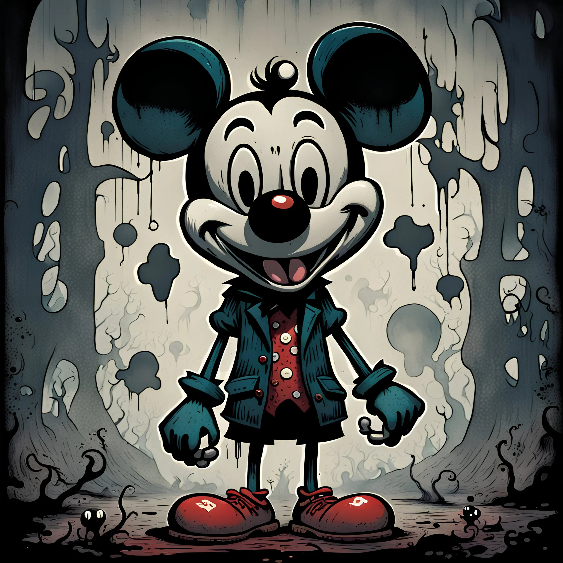 Creepy and sinister looking Micky Mouse, digital comic book illutstration by Gary baseman and billy butcher, ominous art, grunge colour aesthetic, hyper detailed