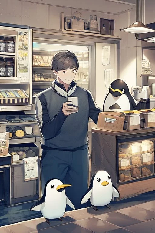 young woman talk to a penguin in coffee-shop