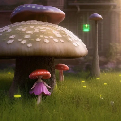 Mushroom girl and mushroom house, unreal 5, octane render, cinema4d, redshift render, hyper realistic, cenematic, vibrancy, synthwave, retouch, centered, dynamic lighting, dramatic lighting, 4k, highly detailed, attractive beautiful, realistic, epic composition, holographic,