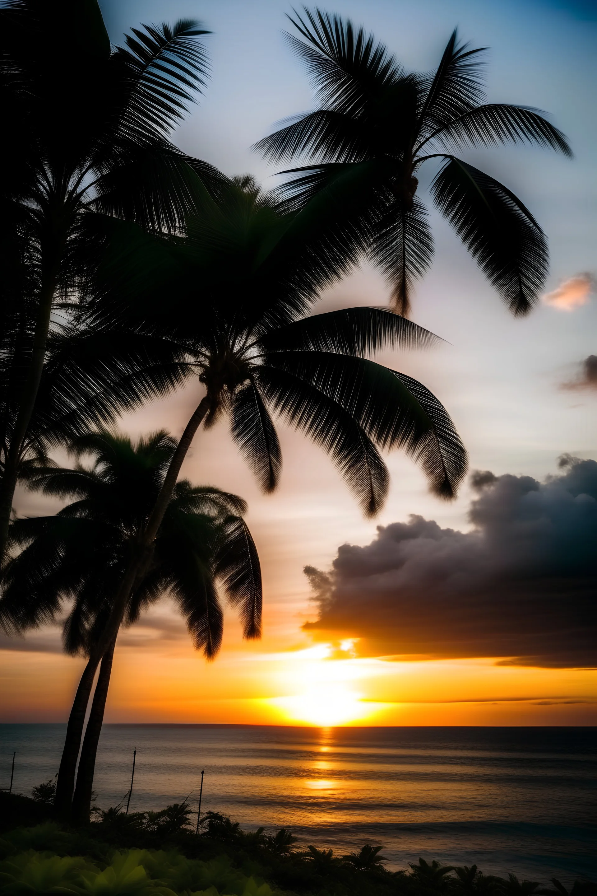 A picture of the sky at sunset with some palm trees by the sea