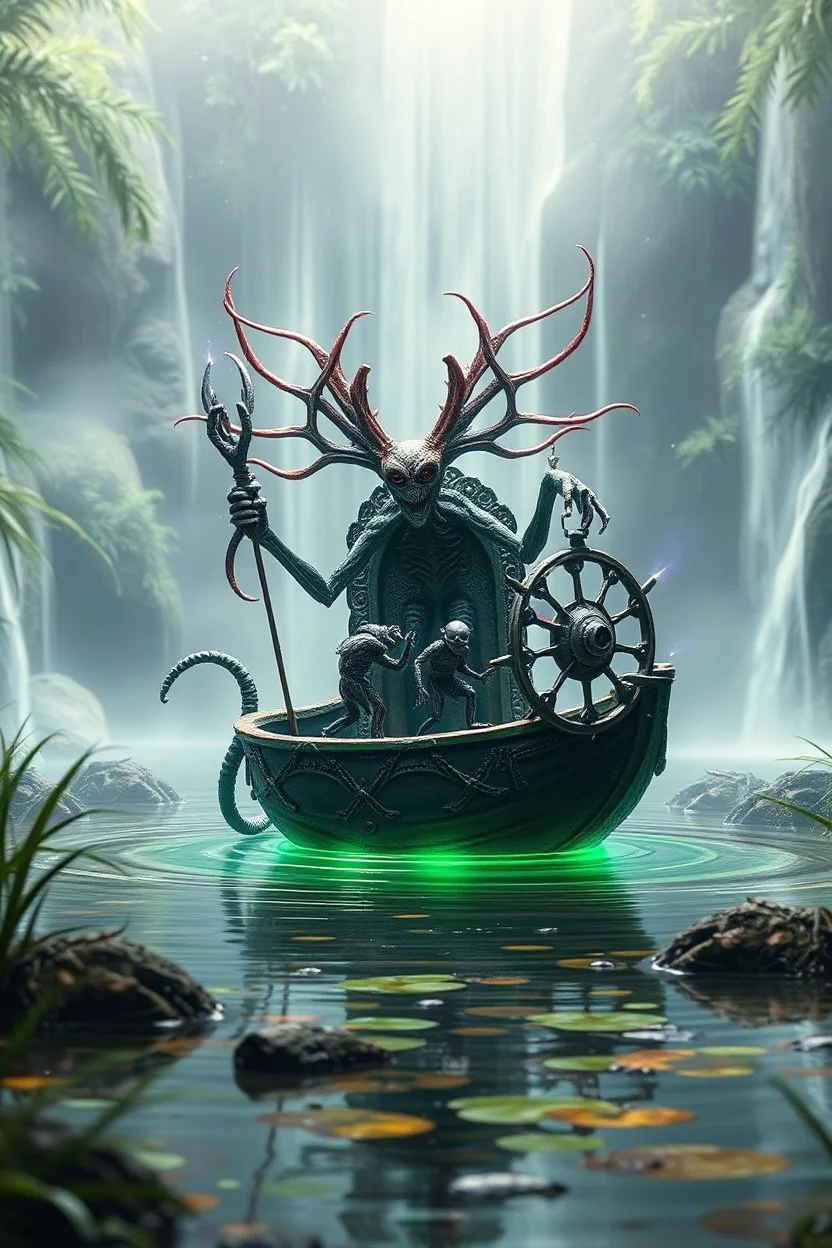 action figure of a crucified alien necrophyte electric eel necromancer on round swamp transparent glass obcidian boat beholder eye wheel throne in a charged foggy jungle starry waterfall, blur background to make character pop out