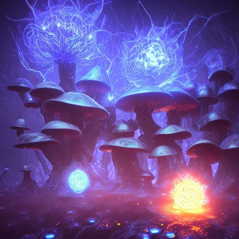 Spherical Frost metal magic armoured lightning Mycelium giant blob MUSHROOM flower stars SPACE lANDSCAPE BURNING IN BLUE FLAMES hellfire abyss math chaos runes