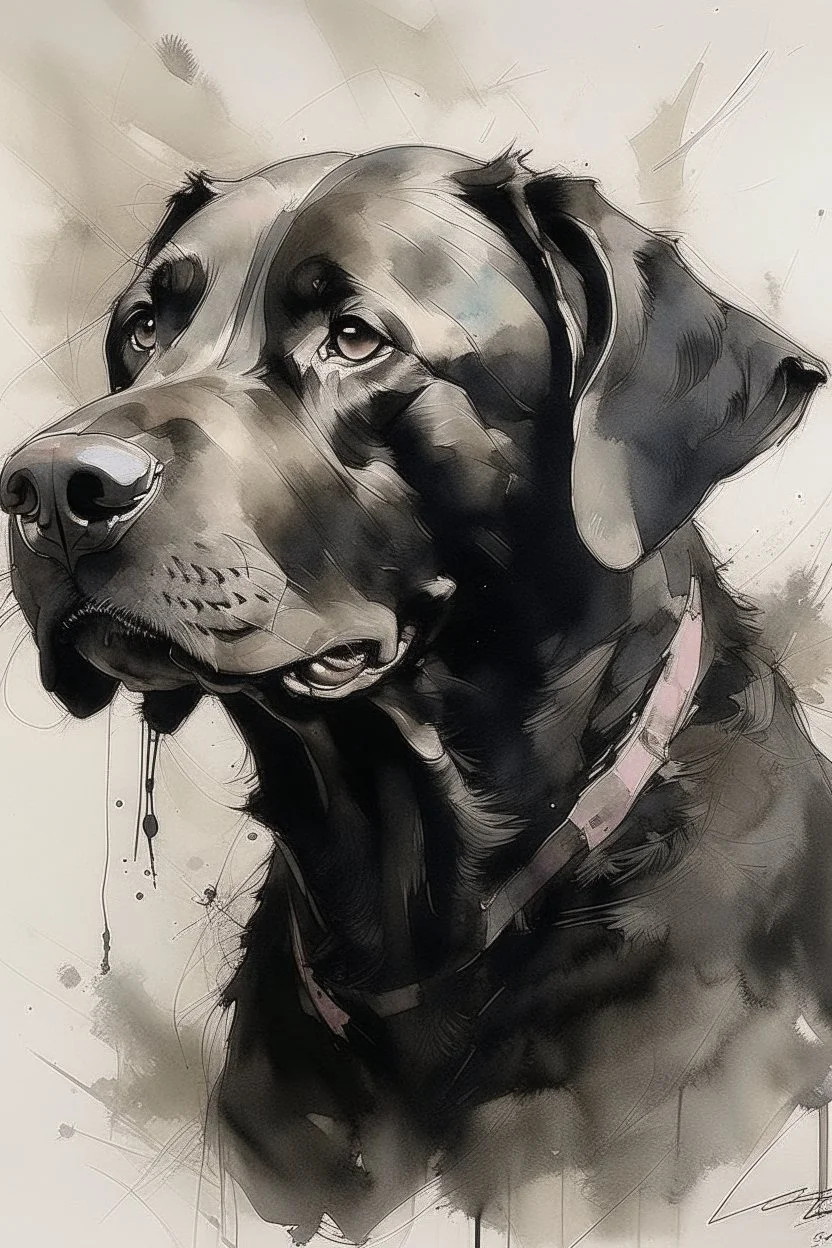 portrait painting by Yoji Shinkawa, Guy Denning, Florian Nicolle of a black labrador dog on watercolour paper