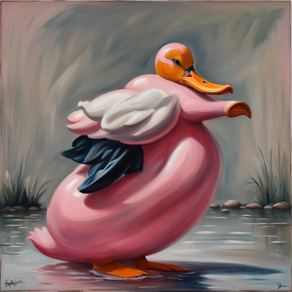 Big pink plastic duck.19th painting