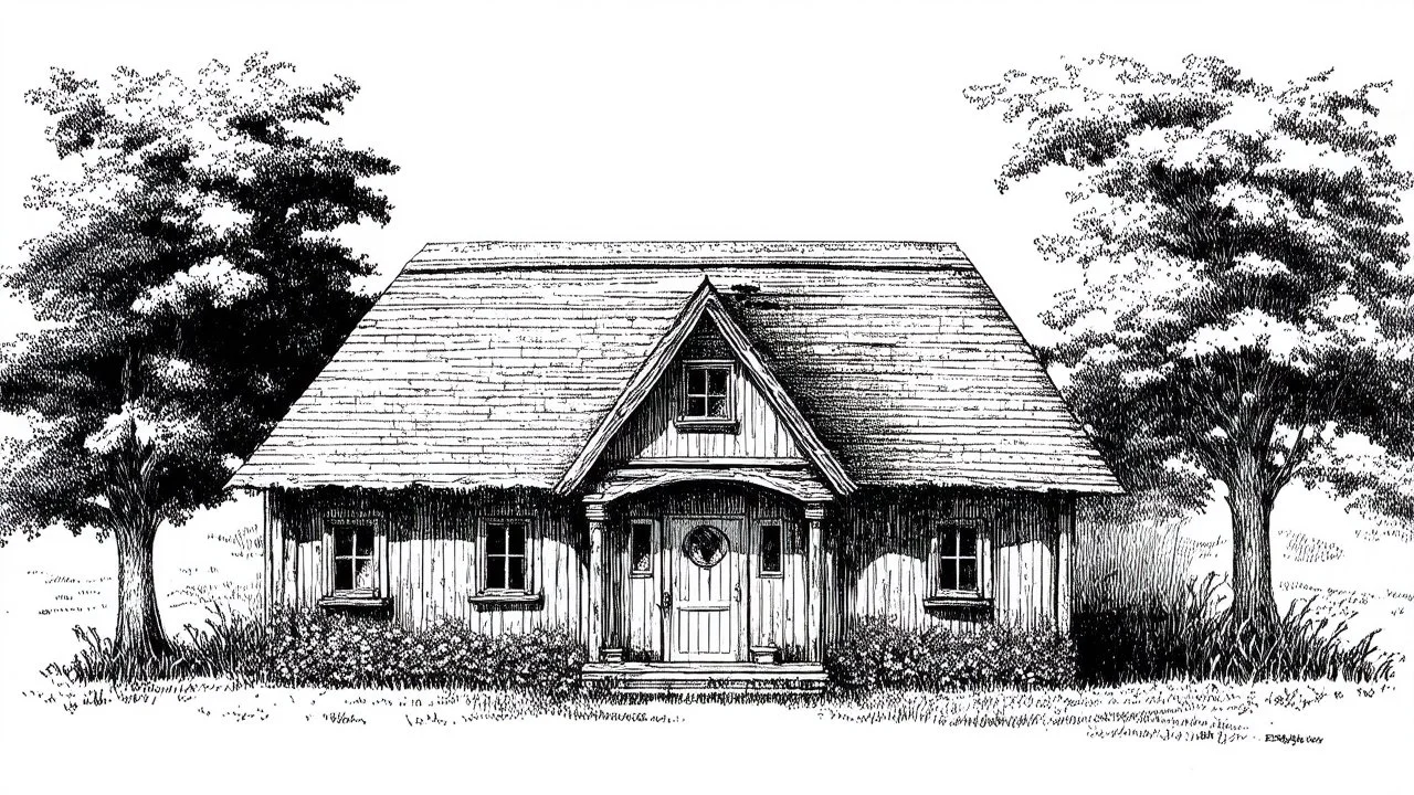 A front elevation fine line drawing of a fantasy wooden cottage reminiscent of the Burrow from Harry Potter