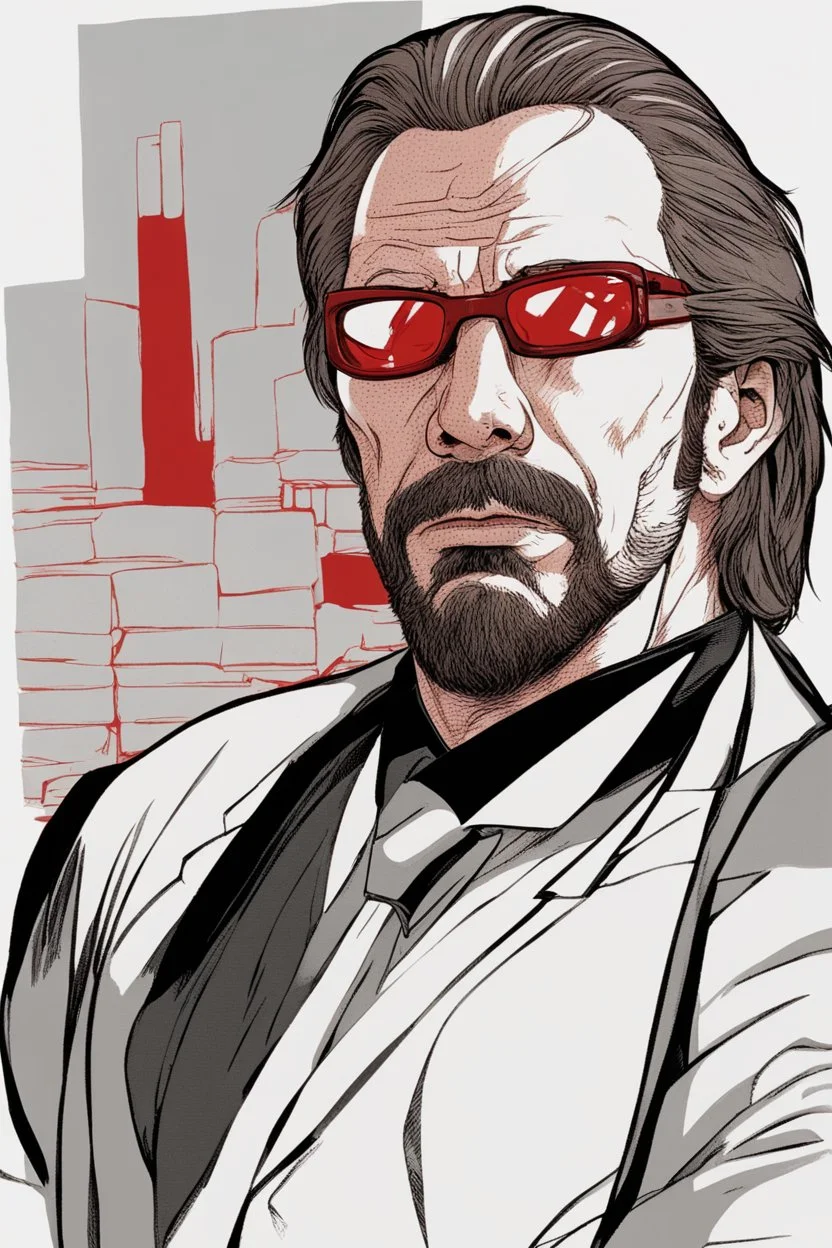 an muscular and menacing Hans Gruber wearing red-tinted glasses