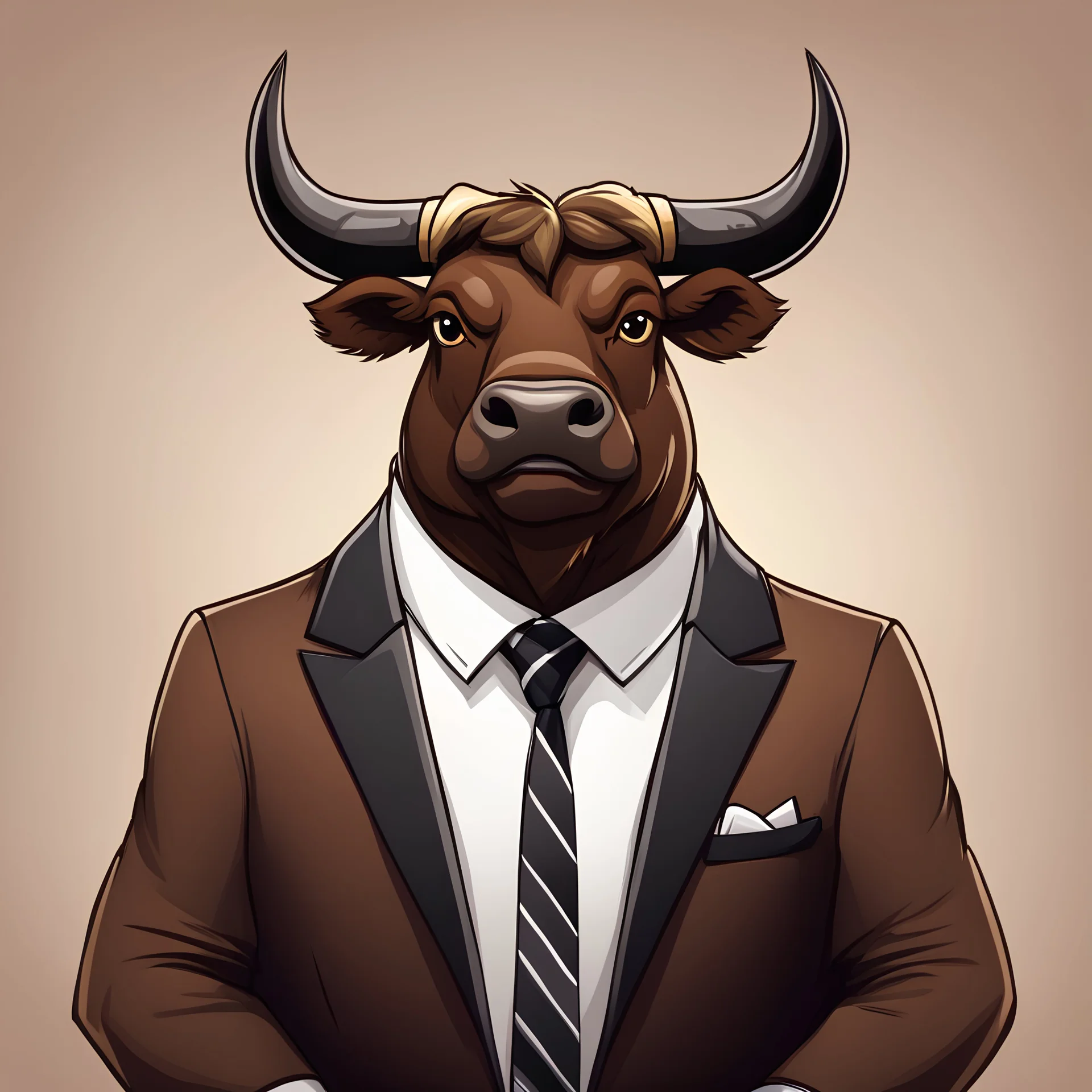 A cartoon royal game image of a brown bull with horns wearing a white shirt and black tie. He has folded arms and a frown on his face.