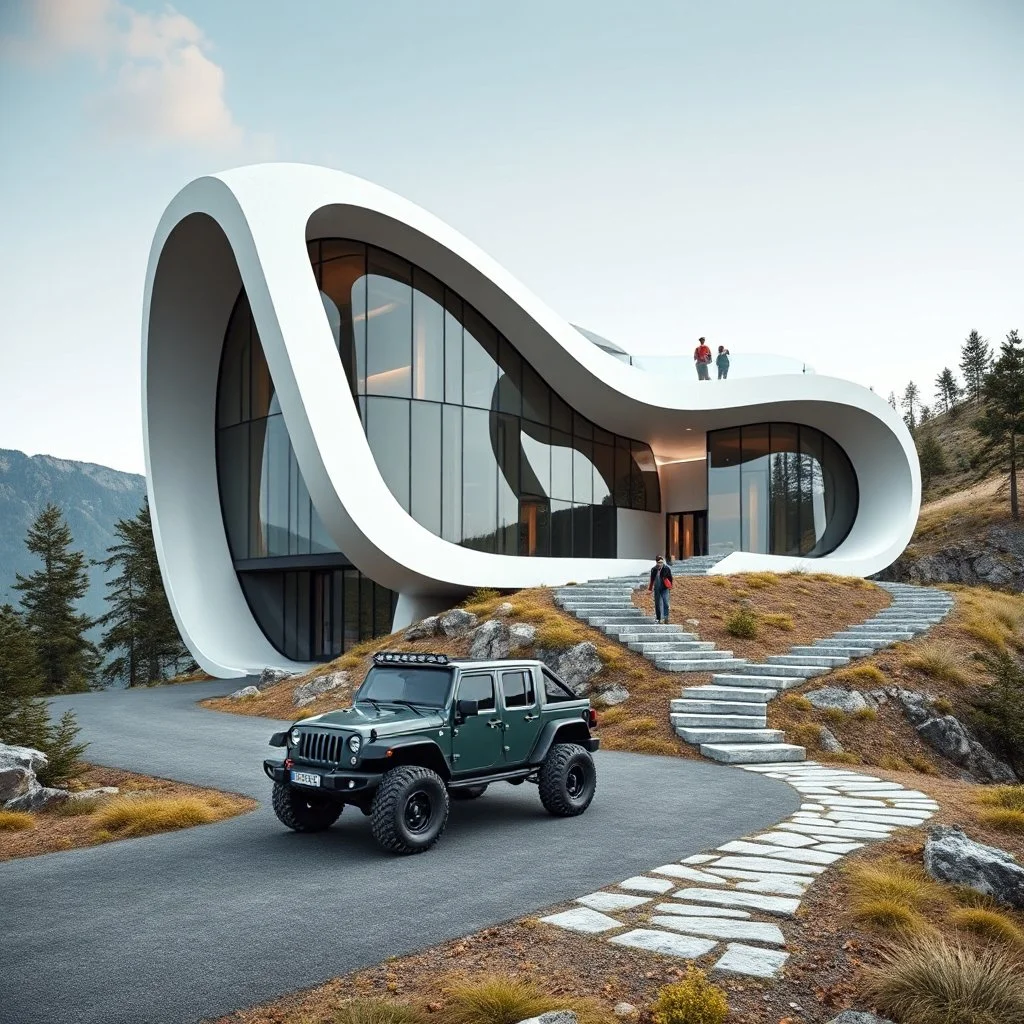 Photo of a futuristic cabin with a building shape inspired by the infinity symbol in plan and the x cross in elevation. Glass facades are interspersed between the curved walls, which become steps to climb to the roof, where there is a terrace. There is a driveway with a luxury jeep parked that is on the same elevation plane as the roof, with a path leading down to the building on the side of the hill. It has a biomimetic design, carbon neutral and zero energy. There are hikers in the distance an