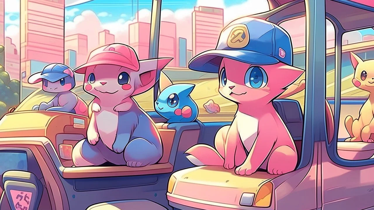 High quality medium shot of the pokemon Mew sitting in a minivan, city, baseball cap, pokemon, cute