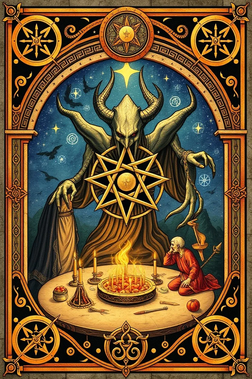 everlasting myrriad and a star golem feast framed with spiral keys and celtic symbols