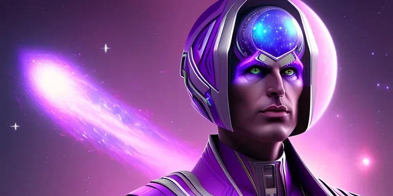 futuristic purple galaxy super villain that has the power of the universe