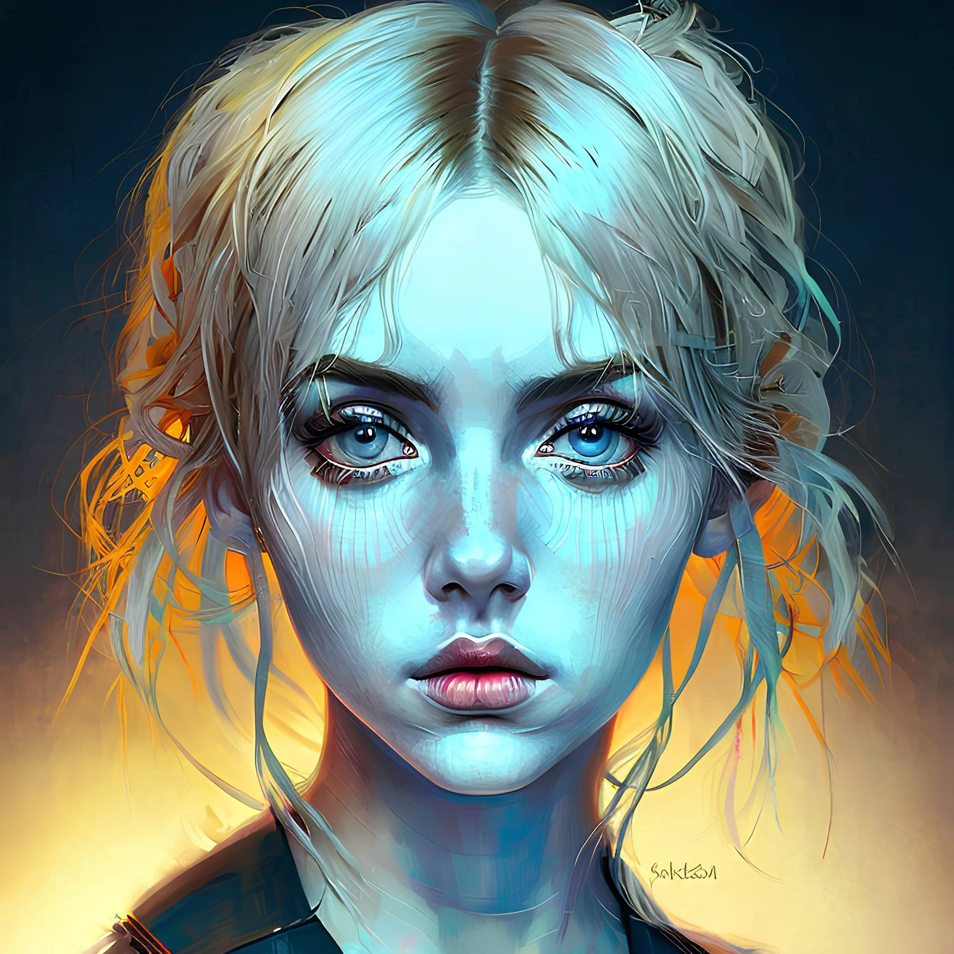 A beautiful portrait painting of a Singer Danish MØ face by Katsushika Hokusai, beautiful cyberpunk, symmetry, hyperdetailed, illustration darkblue tones,