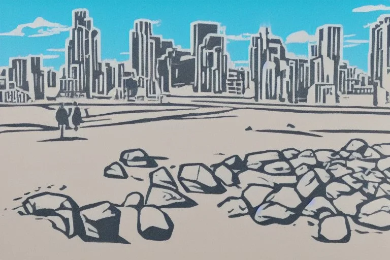 Sunny day, people, rocks, sand, distant modern city, stencil painting