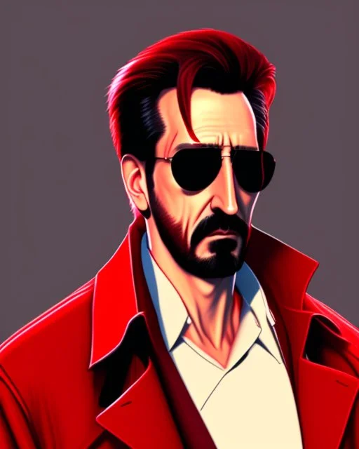 hans gruber wearing a trench coat and red sunglasses staring with a judgmental look on his face