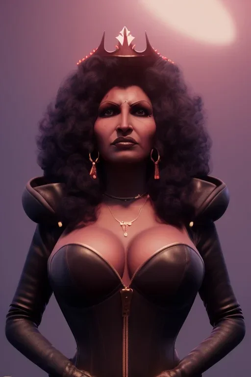 Pam Grier as evil queen in black leather, leather, busty, cleavage, angry, stern look. character design by cory loftis, fenghua zhong, ryohei hase, ismail inceoglu and ruan jia. unreal engine 5, artistic lighting, highly detailed, photorealistic, fantasy