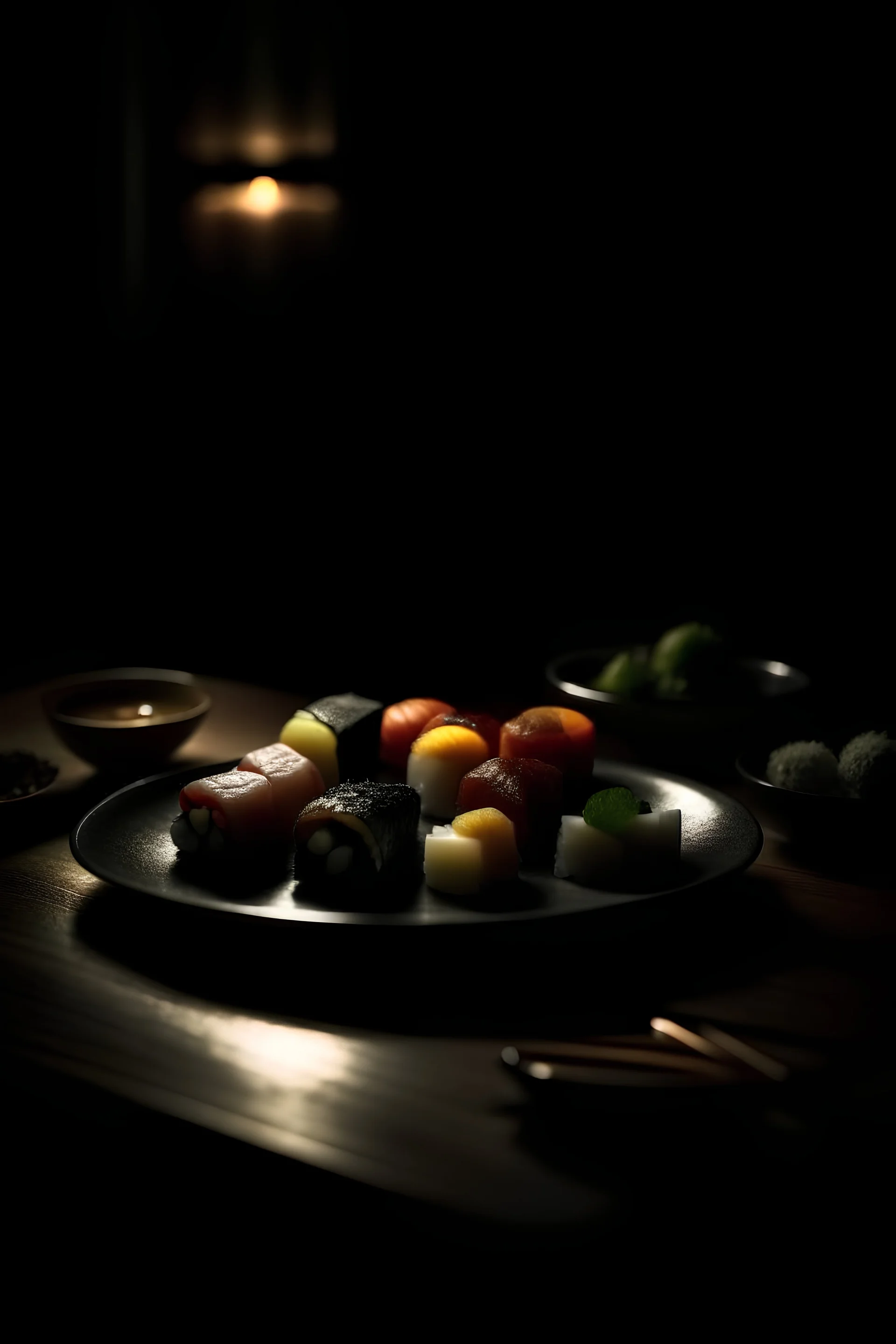 plate of variety of sushi on a table in dark dimmed room in japan style